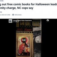 Newspaper headling - "Giving out comic books for Halloween leads to obscenity charge, NC cops say", with a copy of the cover of Grendel Tales #1, which depicts Grendel in the style of a Christian icon